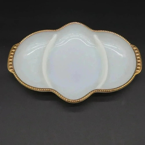 Vintage Fire King 3 Section Oven Ware Milk Glass Condiment Dish with Gold Trim - Picture 1 of 6